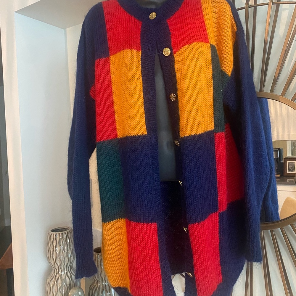 Vintage White Stag Mohair blend Red and Yellow Color-Block Cardigan Sweater